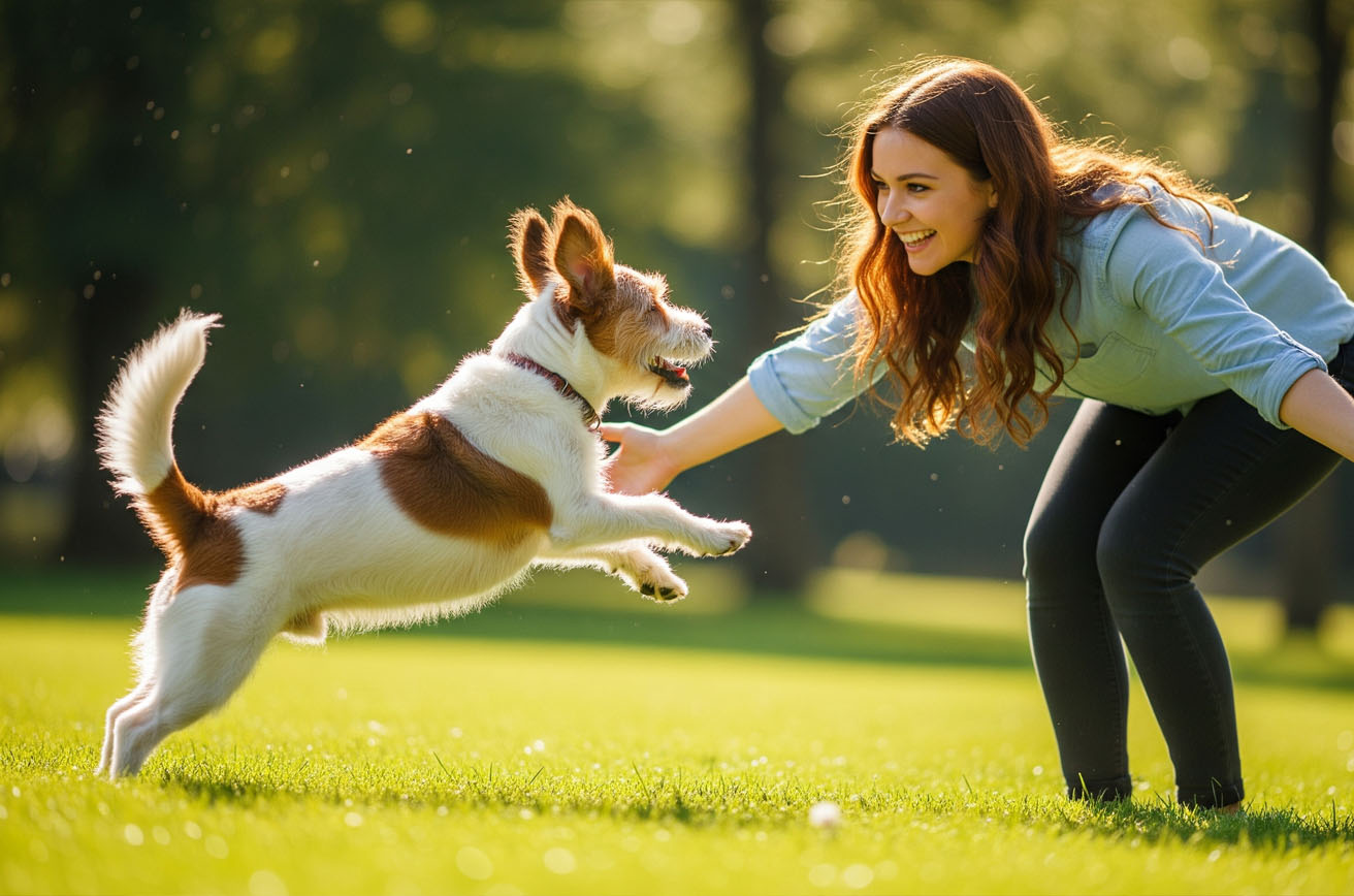飼い主に嬉しくて飛びつく小型犬