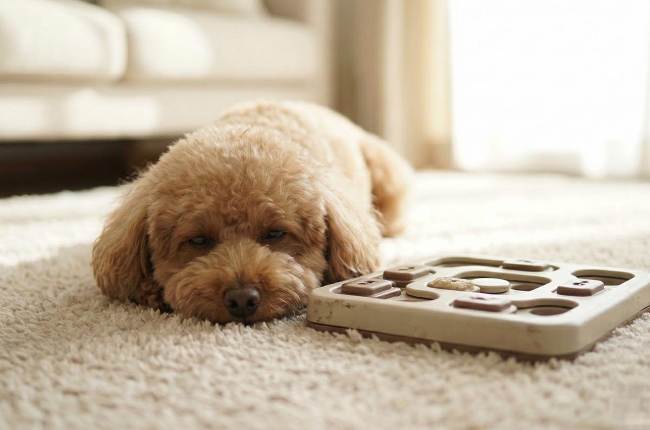 知育トイで遊ぶトイプードル