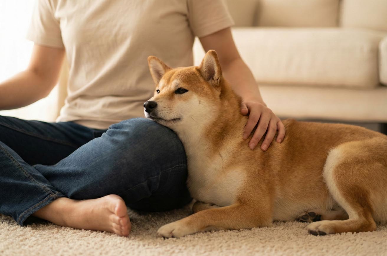 飼い主と安心している柴犬