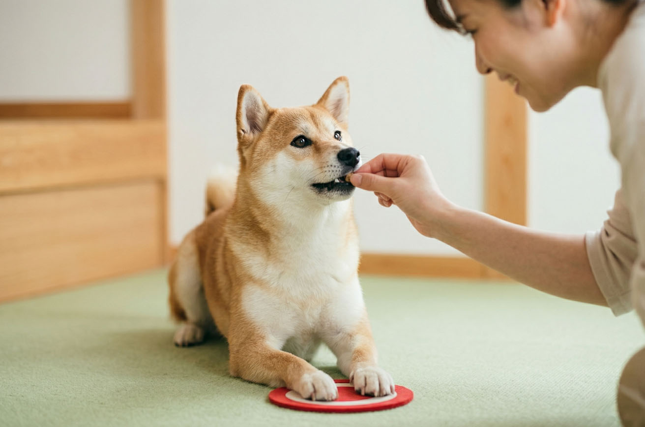 柴犬に指示をだしているところ